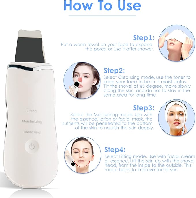 3-in-1 Ultrasonic Facial Skin Scrubber Removes blackheads, dead skin, and dirt