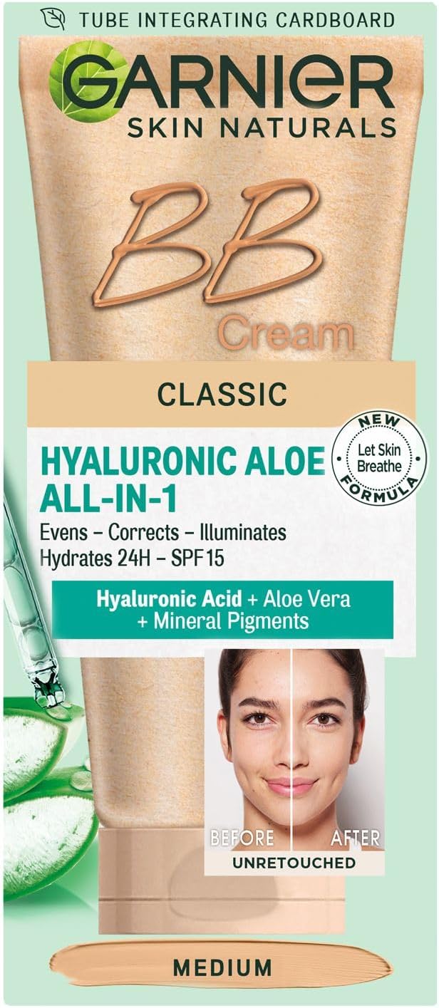 غارنييه سكين ناتشرالز كلاسيك بحمض الهيالورونيك والصبار، كريم بي بي متوسط، 50 مل 