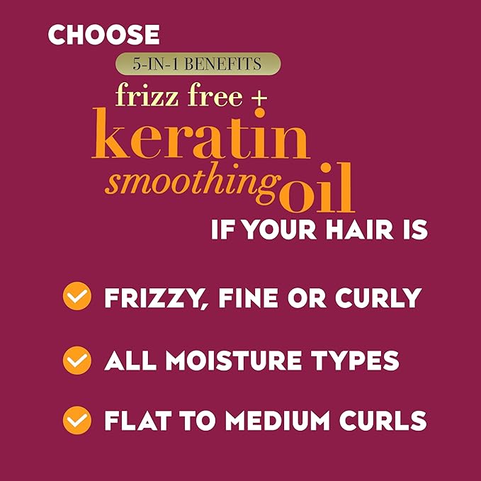 OGX -Keratin Smoothing Oil Shampoo+ Frizz-Free, 5 in 1, for Frizzy Hair, Shiny Hair 385ml