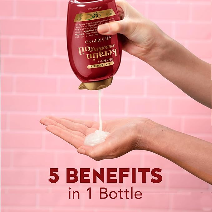 OGX -Keratin Smoothing Oil Shampoo+ Frizz-Free, 5 in 1, for Frizzy Hair, Shiny Hair 385ml