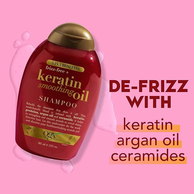OGX -Keratin Smoothing Oil Shampoo+ Frizz-Free, 5 in 1, for Frizzy Hair, Shiny Hair 385ml