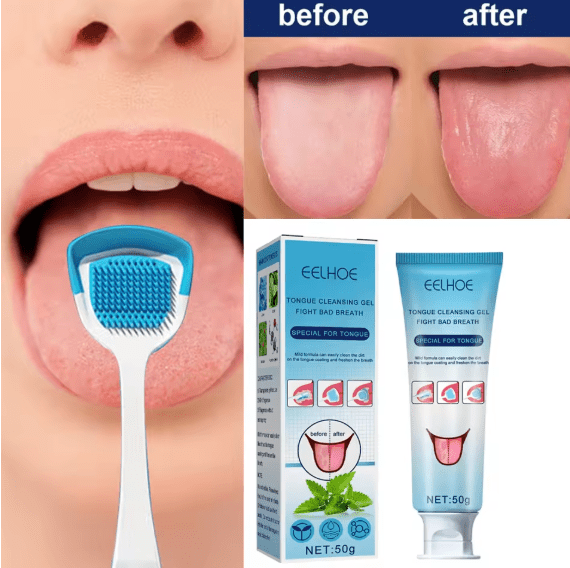 EELHOE - مجموعة جل تنظيف اللسان، جل مع فرشاة لسان - 50 جرام